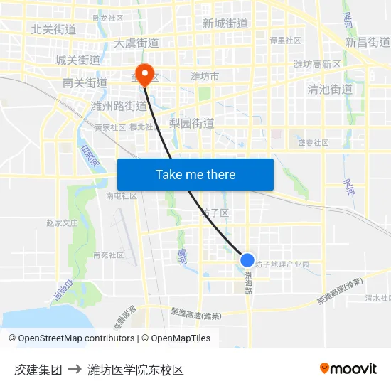 胶建集团 to 潍坊医学院东校区 map