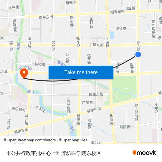 市公共行政审批中心 to 潍坊医学院东校区 map