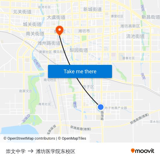 崇文中学 to 潍坊医学院东校区 map