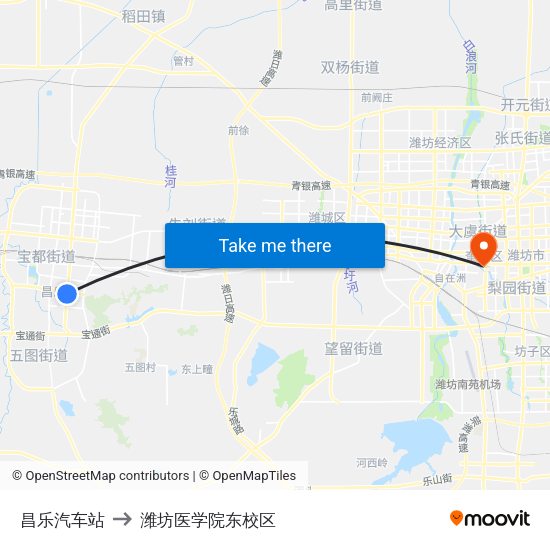 昌乐汽车站 to 潍坊医学院东校区 map