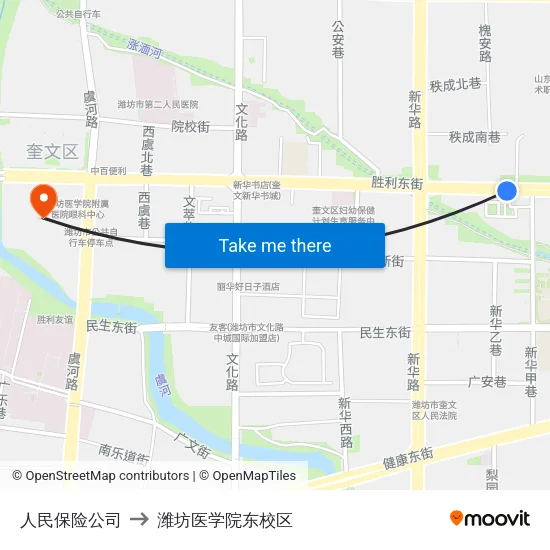 人民保险公司 to 潍坊医学院东校区 map