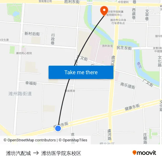 潍坊汽配城 to 潍坊医学院东校区 map