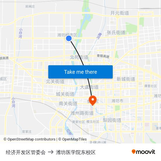 经济开发区管委会 to 潍坊医学院东校区 map