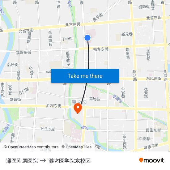 潍医附属医院 to 潍坊医学院东校区 map
