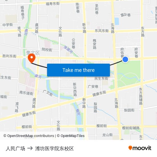人民广场 to 潍坊医学院东校区 map
