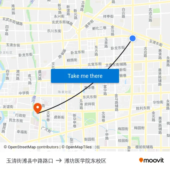 玉清街潍县中路路口 to 潍坊医学院东校区 map