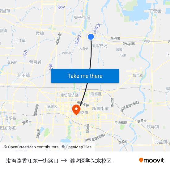渤海路香江东一街路口 to 潍坊医学院东校区 map