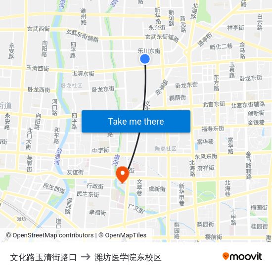 文化路玉清街路口 to 潍坊医学院东校区 map