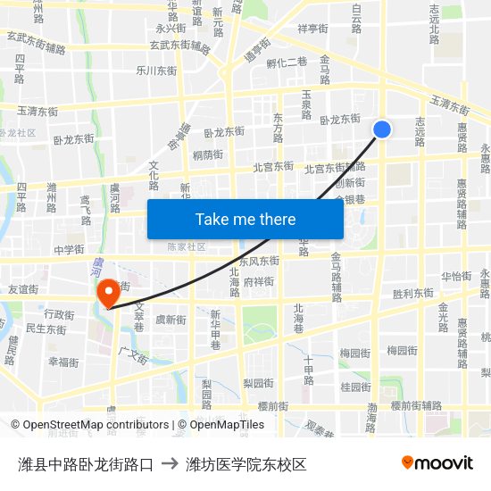 潍县中路卧龙街路口 to 潍坊医学院东校区 map