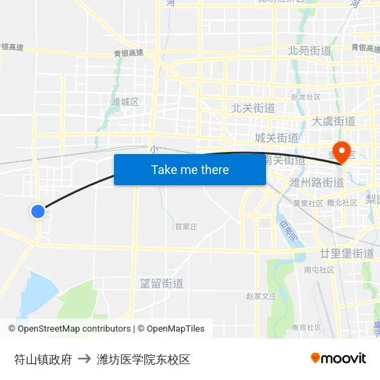 符山镇政府 to 潍坊医学院东校区 map