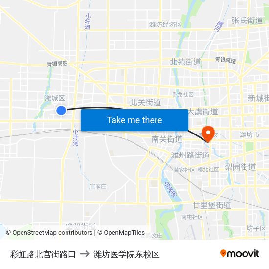 彩虹路北宫街路口 to 潍坊医学院东校区 map