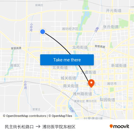 民主街长松路口 to 潍坊医学院东校区 map