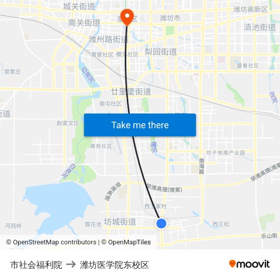 市社会福利院 to 潍坊医学院东校区 map