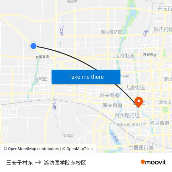 三安子村东 to 潍坊医学院东校区 map