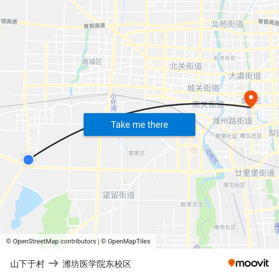 山下于村 to 潍坊医学院东校区 map