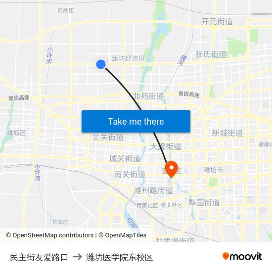 民主街友爱路口 to 潍坊医学院东校区 map
