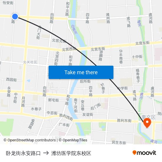 卧龙街永安路口 to 潍坊医学院东校区 map
