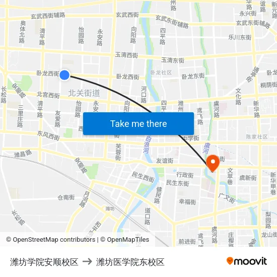 潍坊学院安顺校区 to 潍坊医学院东校区 map