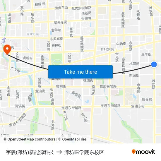 宇骏(潍坊)新能源科技 to 潍坊医学院东校区 map