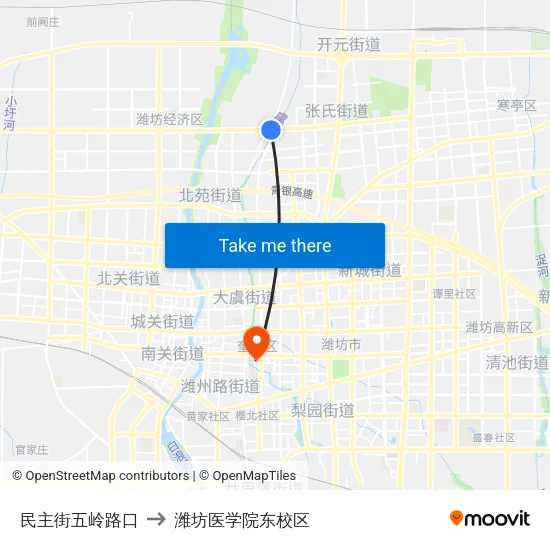 民主街五岭路口 to 潍坊医学院东校区 map