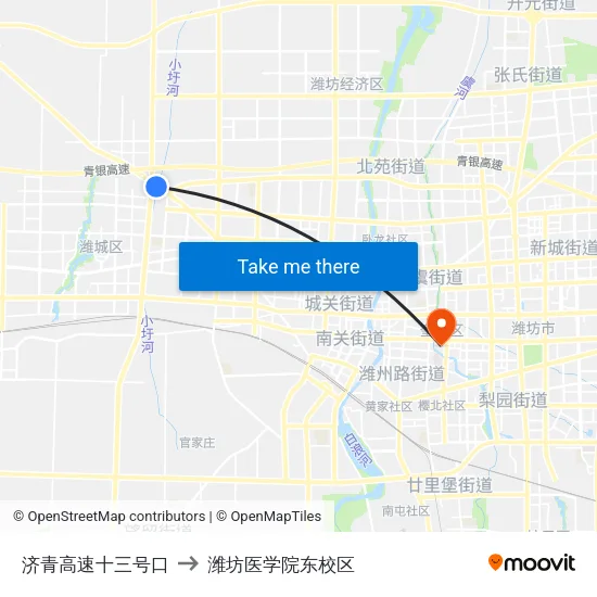 济青高速十三号口 to 潍坊医学院东校区 map