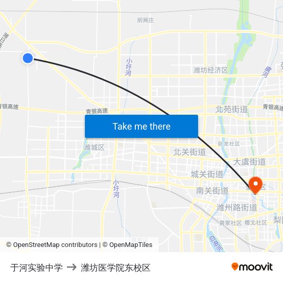 于河实验中学 to 潍坊医学院东校区 map