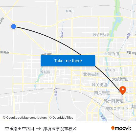 杏乐路田杏路口 to 潍坊医学院东校区 map