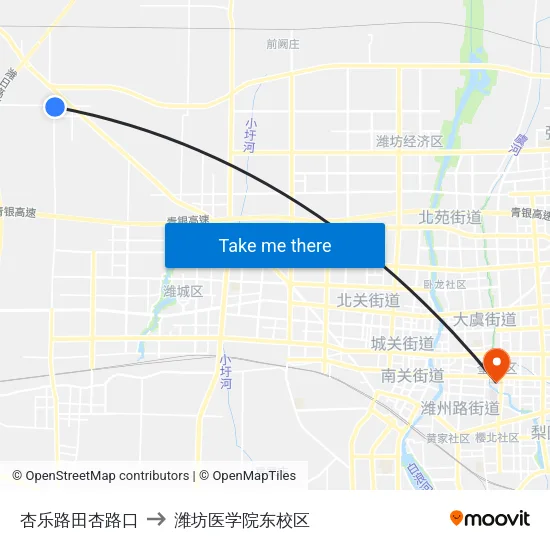 杏乐路田杏路口 to 潍坊医学院东校区 map