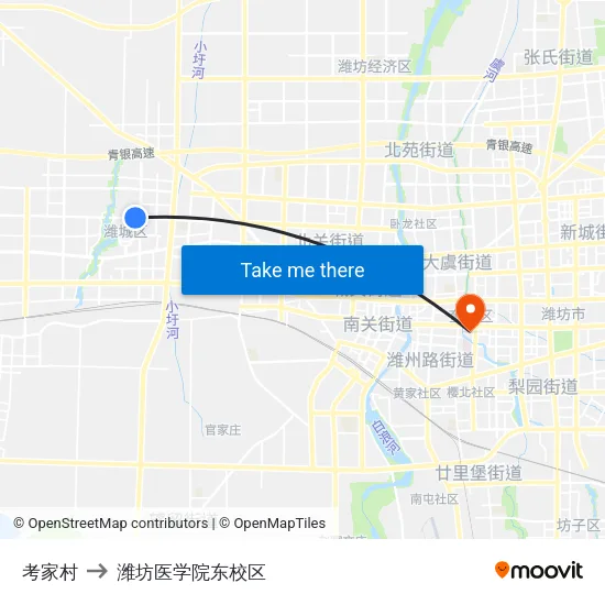 考家村 to 潍坊医学院东校区 map