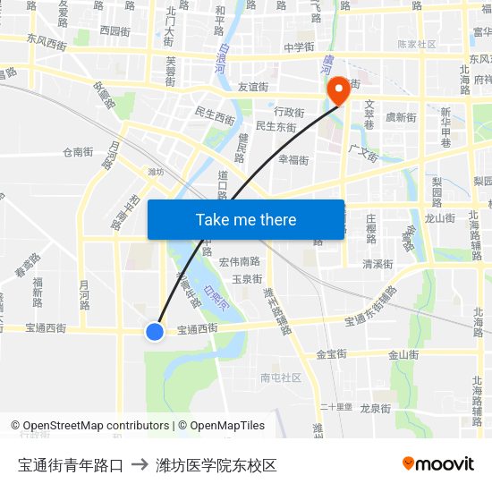 宝通街青年路口 to 潍坊医学院东校区 map