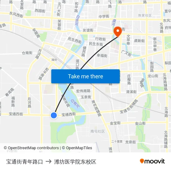宝通街青年路口 to 潍坊医学院东校区 map