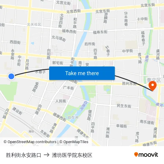 胜利街永安路口 to 潍坊医学院东校区 map
