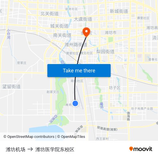 潍坊机场 to 潍坊医学院东校区 map