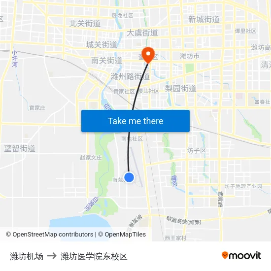 潍坊机场 to 潍坊医学院东校区 map