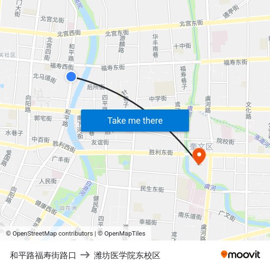 和平路福寿街路口 to 潍坊医学院东校区 map