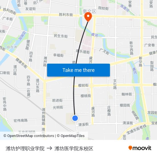 潍坊护理职业学院 to 潍坊医学院东校区 map