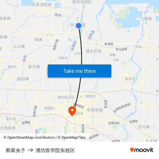 蔡家央子 to 潍坊医学院东校区 map