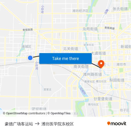 豪德广场客运站 to 潍坊医学院东校区 map