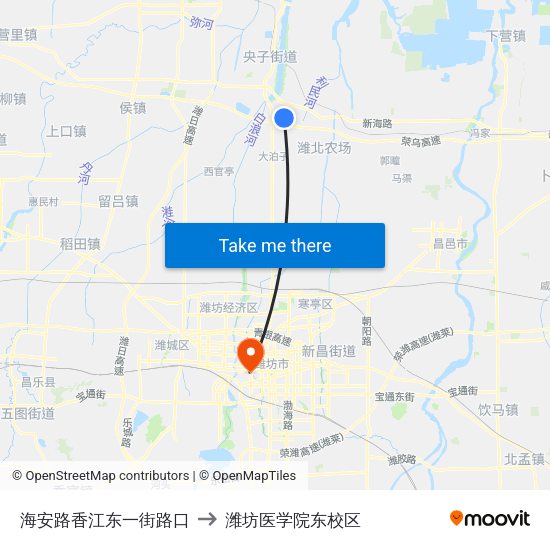 海安路香江东一街路口 to 潍坊医学院东校区 map