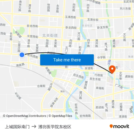 上城国际南门 to 潍坊医学院东校区 map