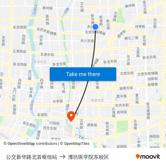 公交新华路北首枢纽站 to 潍坊医学院东校区 map