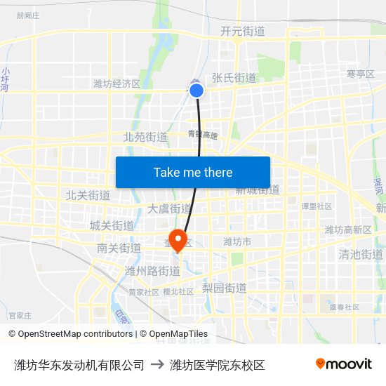 潍坊华东发动机有限公司 to 潍坊医学院东校区 map
