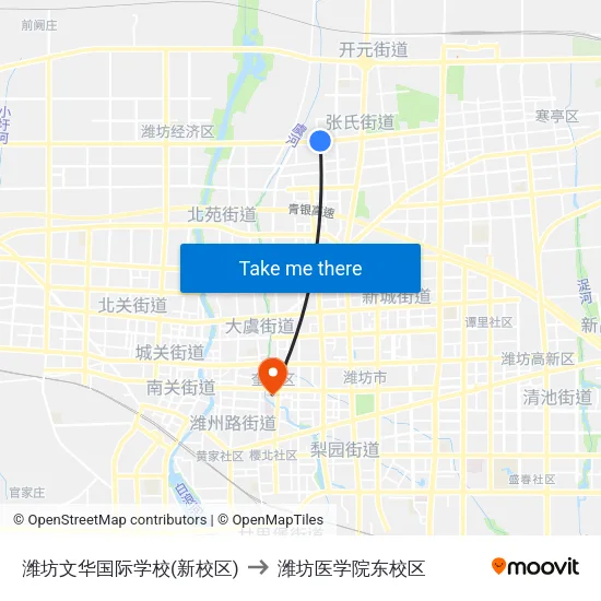 潍坊文华国际学校(新校区) to 潍坊医学院东校区 map