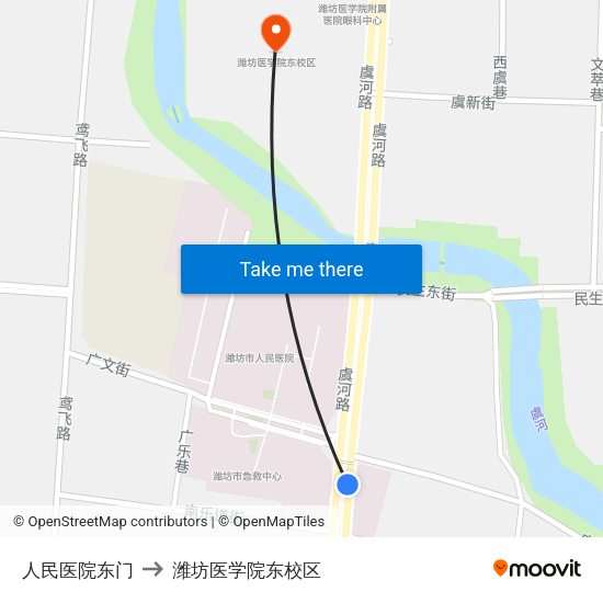 人民医院东门 to 潍坊医学院东校区 map