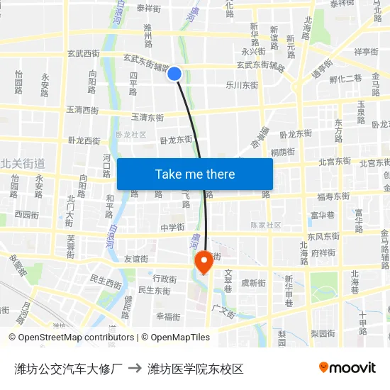 潍坊公交汽车大修厂 to 潍坊医学院东校区 map