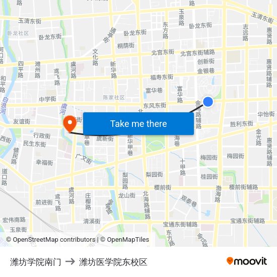 潍坊学院南门 to 潍坊医学院东校区 map