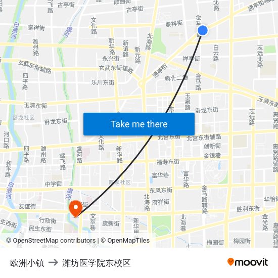 欧洲小镇 to 潍坊医学院东校区 map