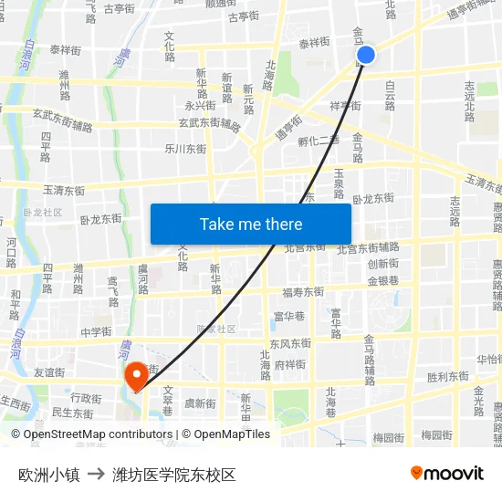 欧洲小镇 to 潍坊医学院东校区 map
