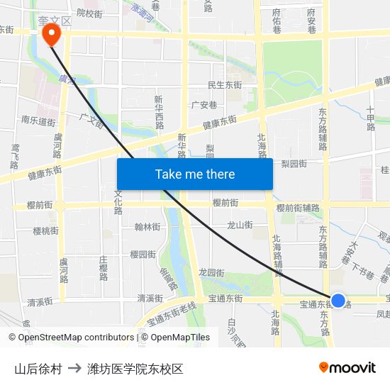 山后徐村 to 潍坊医学院东校区 map