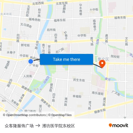 众客隆服饰广场 to 潍坊医学院东校区 map